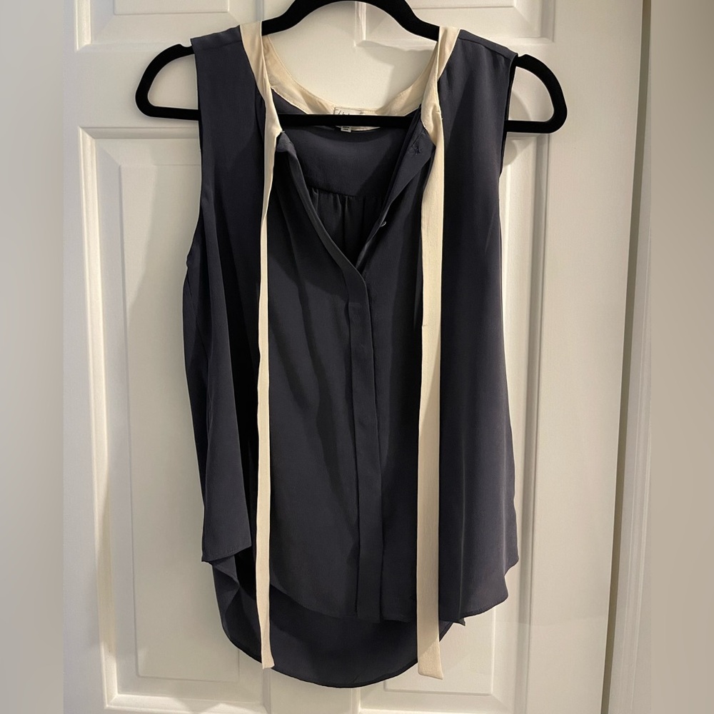Aritzia Silk Blouse with Bow Neckline - Grey and Cream. Size Small